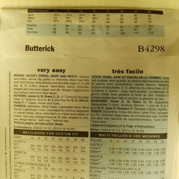 ✅B4298 Butterick Jacket Dress Skirt Pants Pattern S - Picture 6 of 6